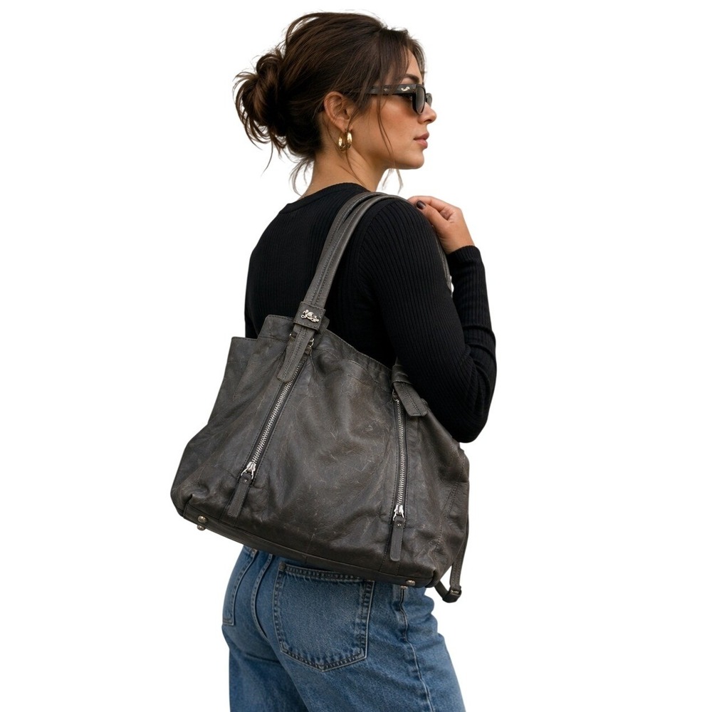 Jenrigo Italian Leather Tote Bag Charcoal Grey Silver Hardware Made in Italy